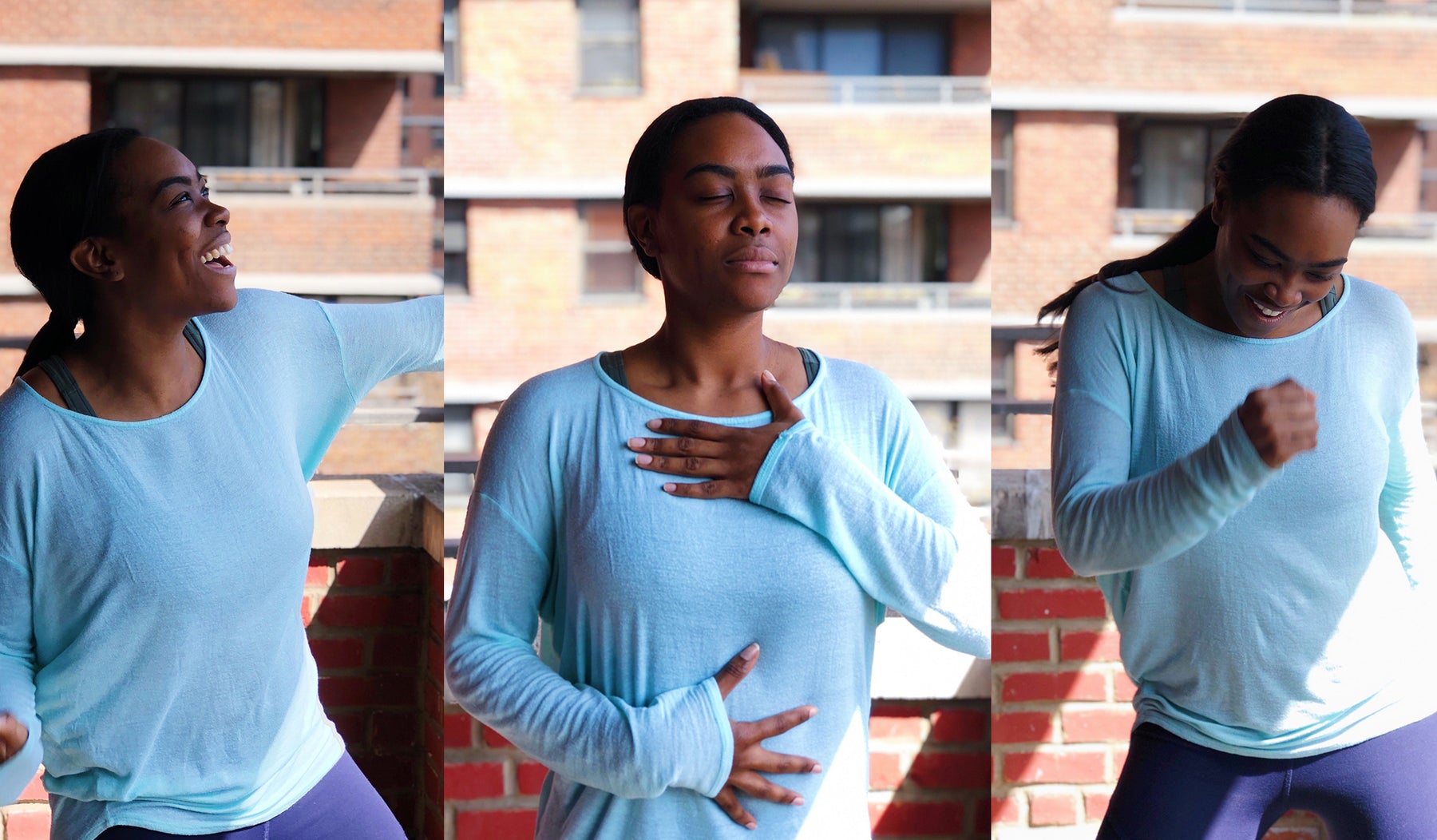 Three images of a woman breathing and relaxing outside