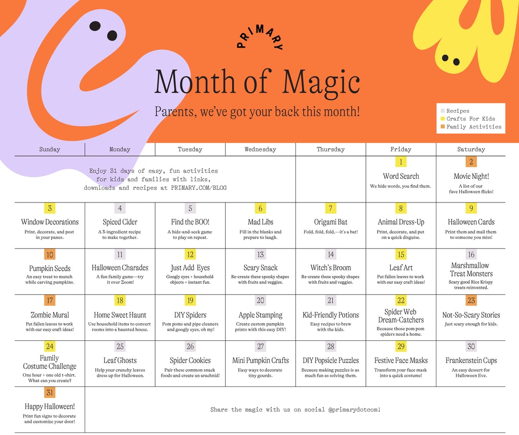 Calendar of Halloween activities for kids