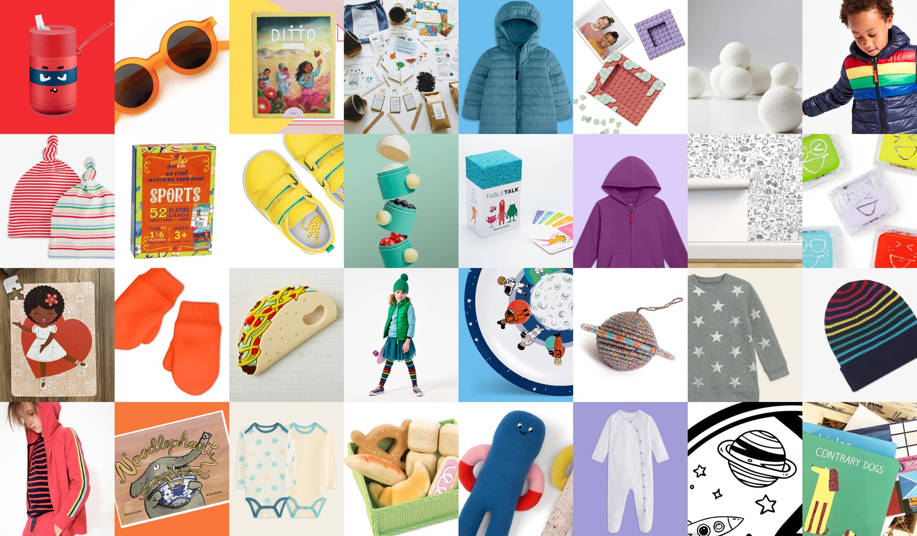 rainbow grid of holiday gifts for kids and babies